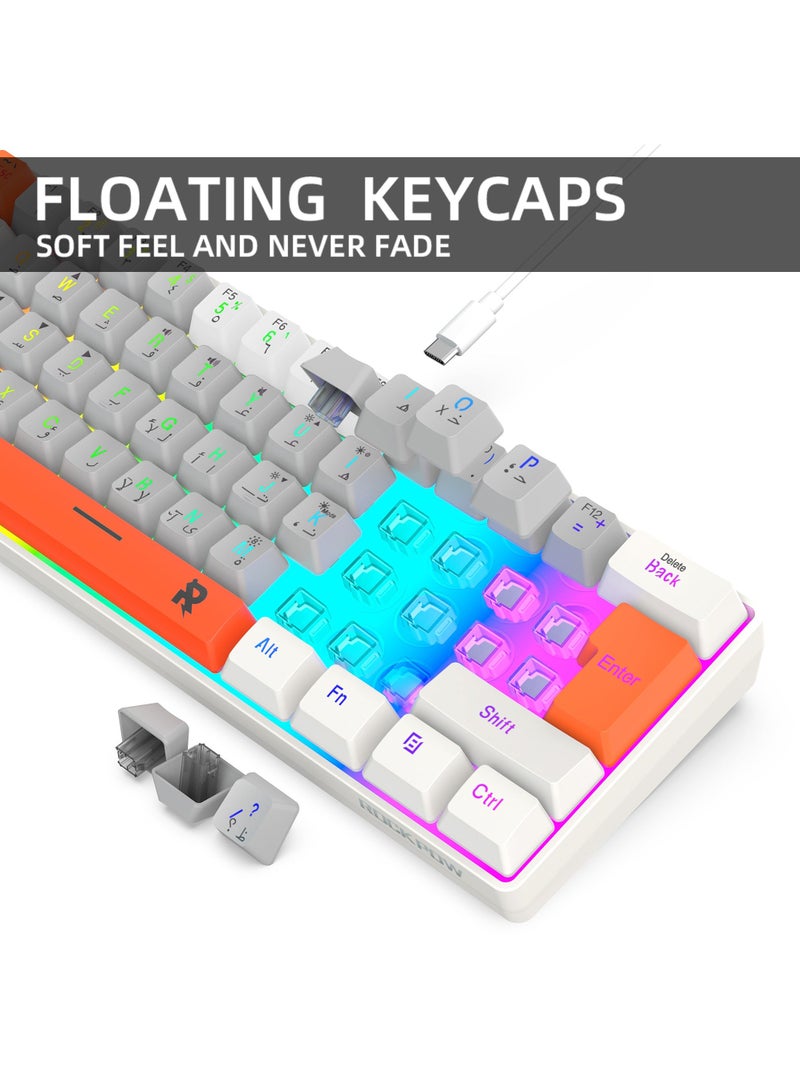 ROCK POW 60% Wired Gaming Keyboard,Arabic English 61Key RGB Backlit Membrane Gaming Keyboard, Ultra-Compact Mini Waterproof Keyboard for PC Computer Gamer White Grey Orange - Image 3